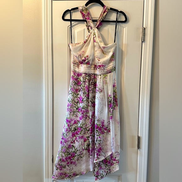 Bebe 100% Silk Purple Floral Criss Cross Halter Dress Size Medium - Picture 2 of 7